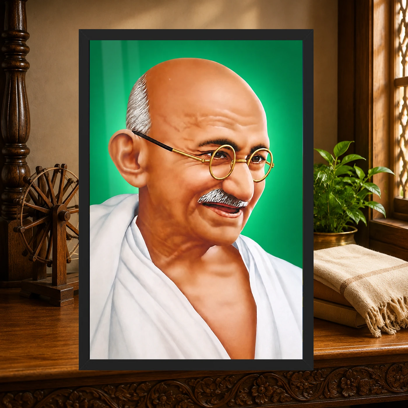 Mahatma Gandhi Green Background Portrait Photo Frame, view 4