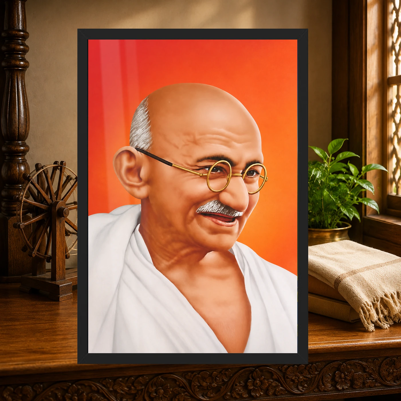 Mahatma Gandhi Orange Background Portrait Photo Frame, view 4