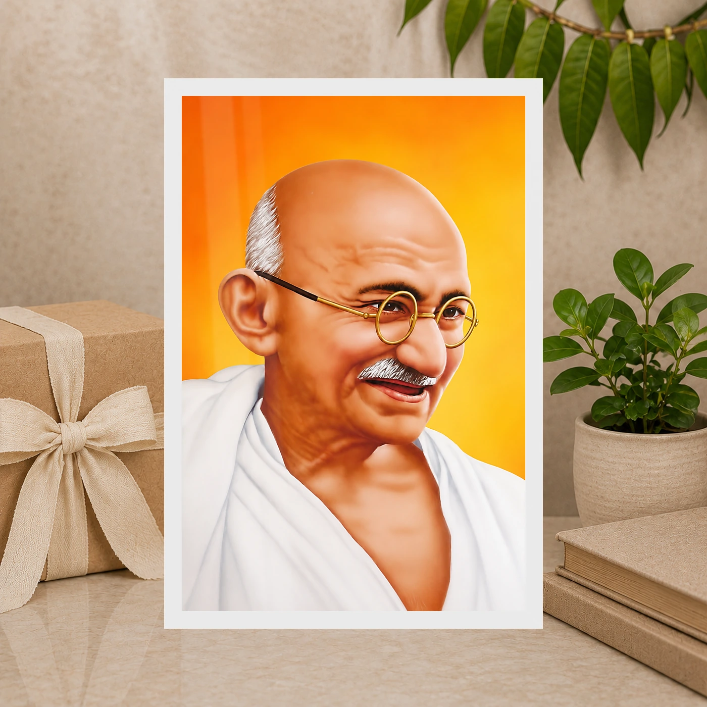 Mahatma Gandhi Saffron Background Portrait Photo Frame, view 10
