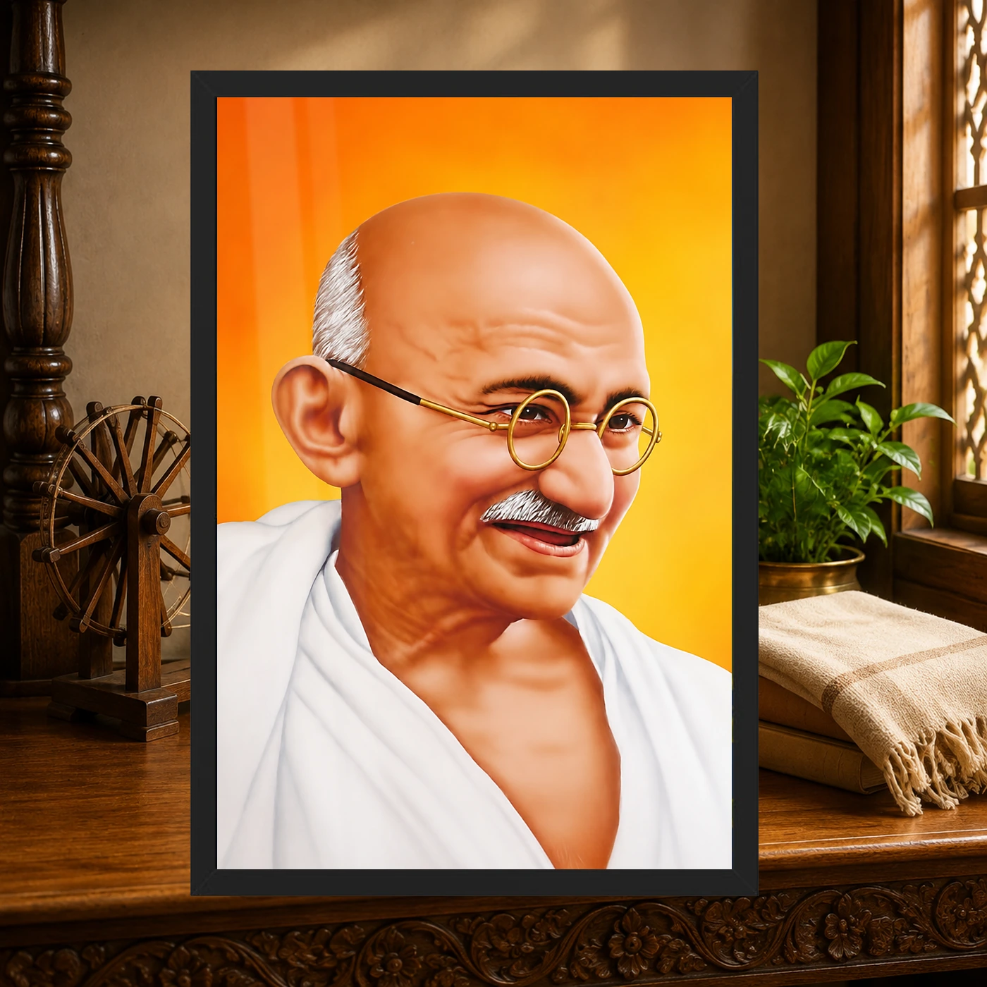 Mahatma Gandhi Saffron Background Portrait Photo Frame, view 4