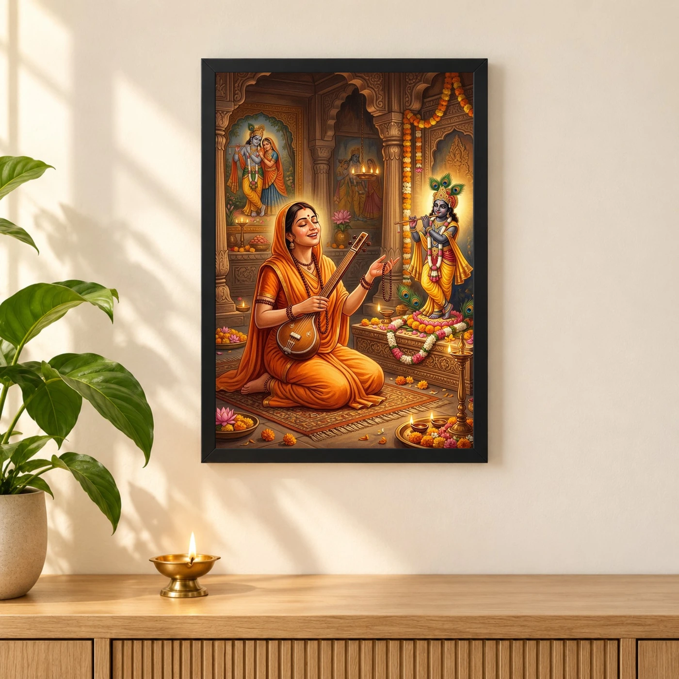 Meera Bai Krishna Devotion Bhakti Saffron Spiritual Art Photo Frame, view 3