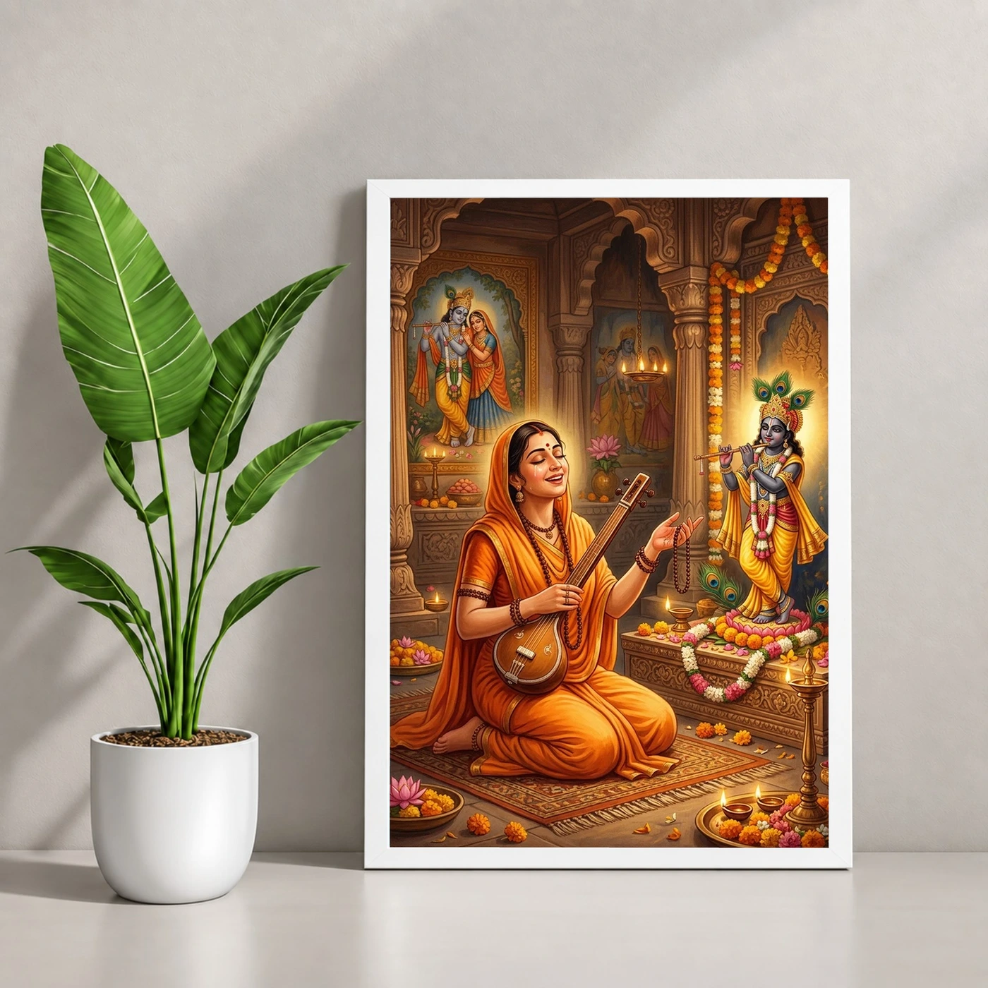 Meera Bai Krishna Devotion Bhakti Saffron Spiritual Art Photo Frame, view 4
