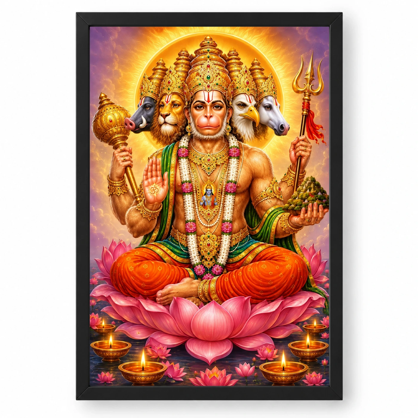 Panchmukhi Hanuman Lotus And Diya Radiance Photo Frame