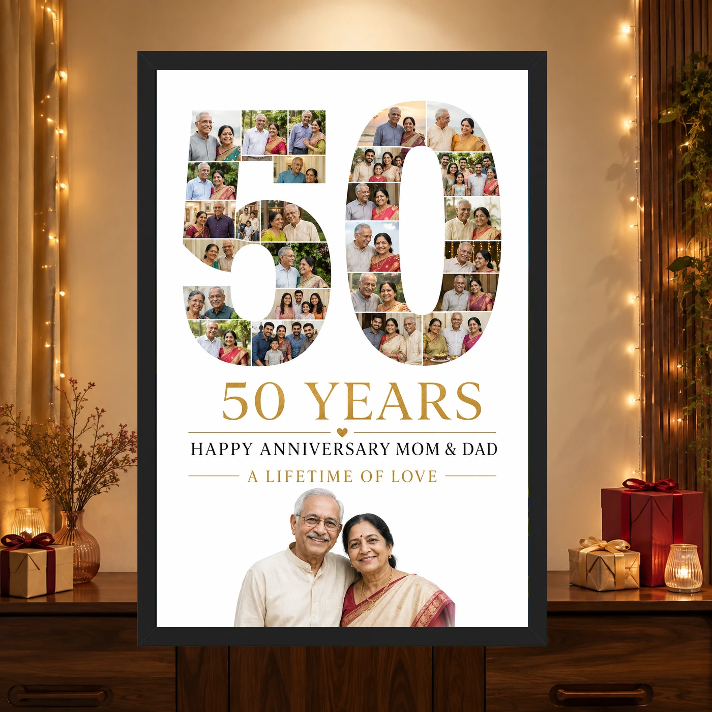 Parents Anniversary 50th Golden Rose Heart Milestone Photo Frame, view 4
