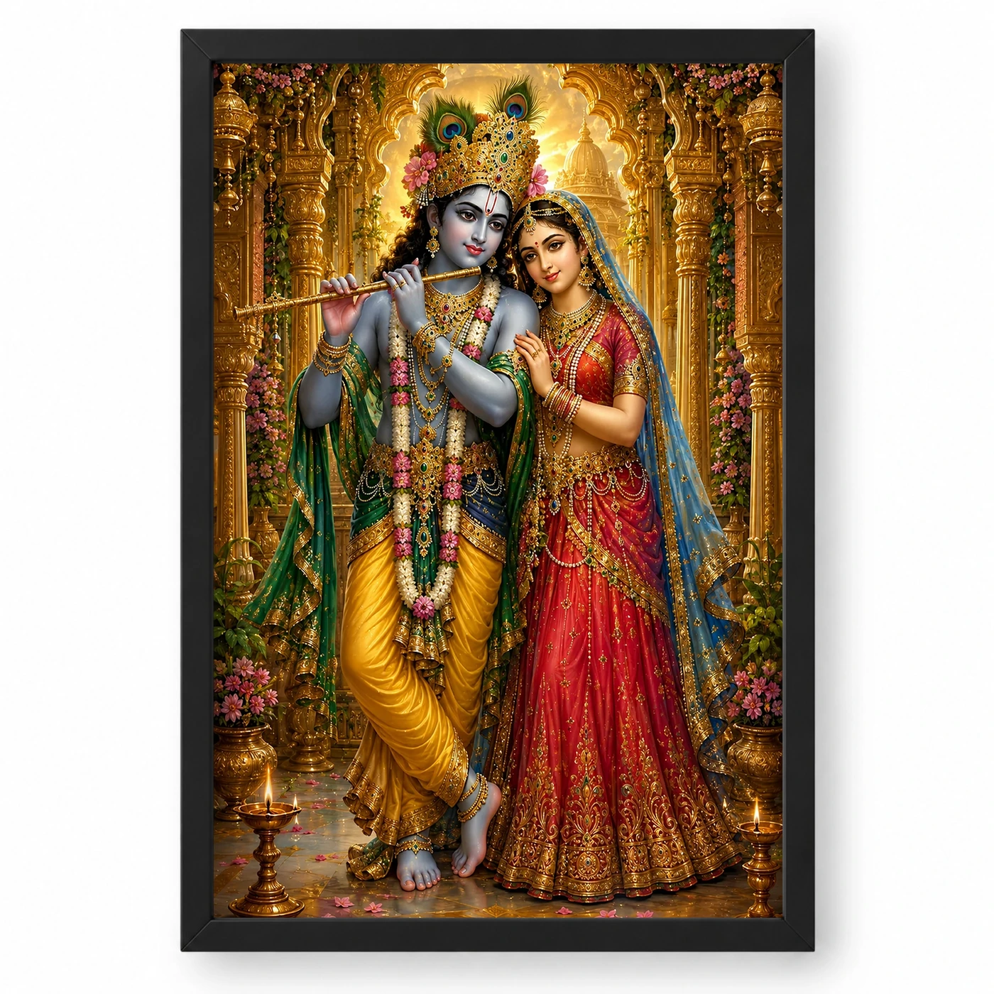 Radha Krishna Ornate Golden Temple Darshan Photo Frame