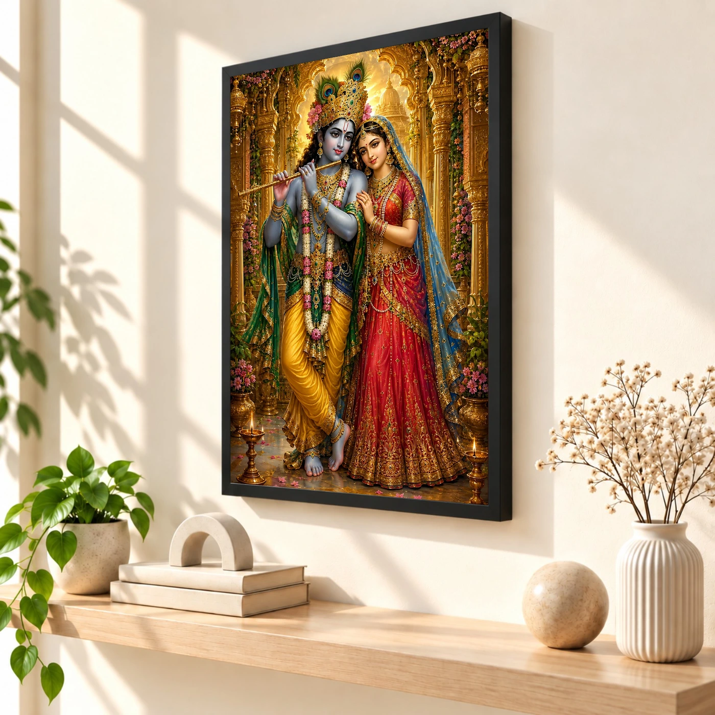 Radha Krishna Ornate Golden Temple Darshan Photo Frame, view 2