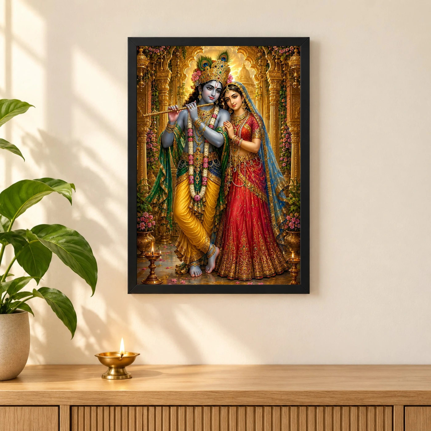 Radha Krishna Ornate Golden Temple Darshan Photo Frame, view 3