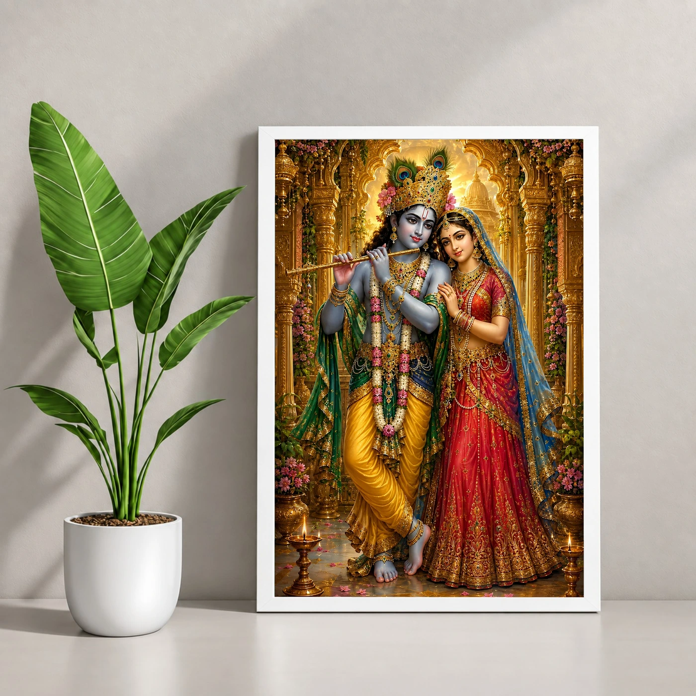 Radha Krishna Ornate Golden Temple Darshan Photo Frame, view 4
