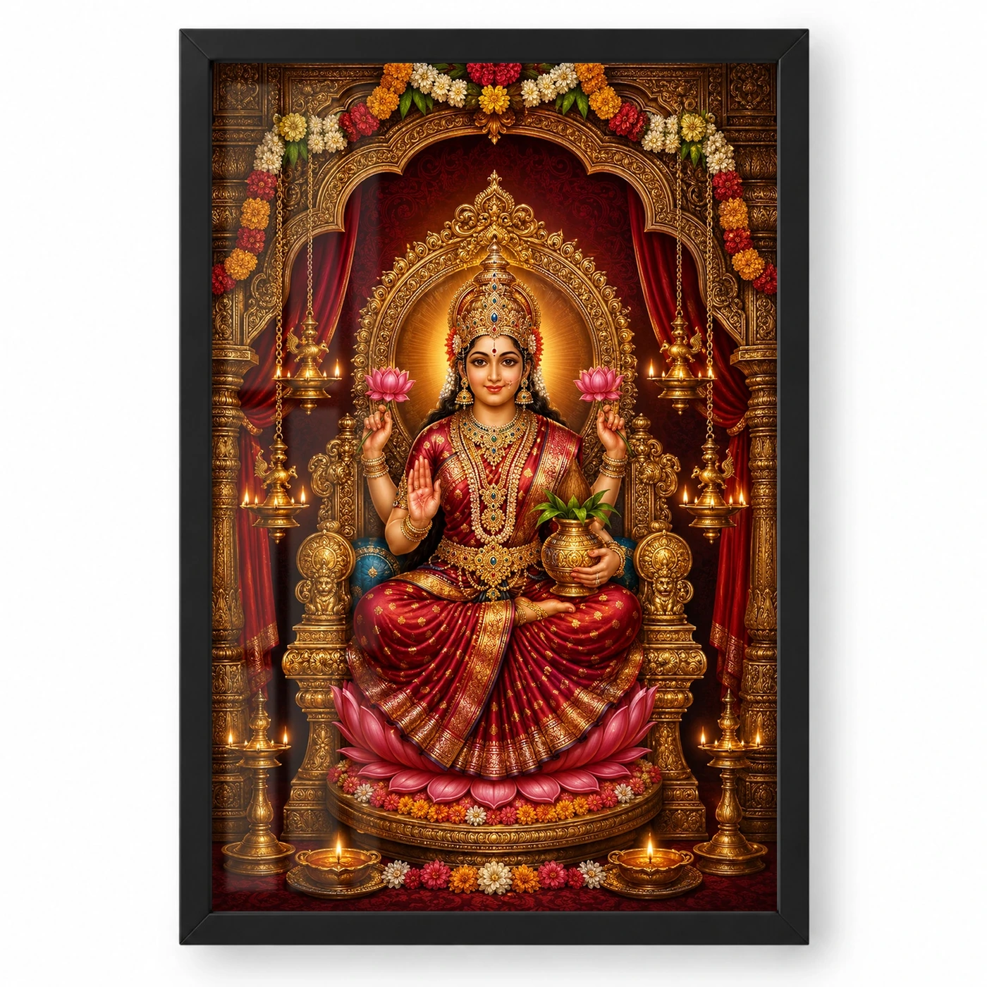 Red Varalakshmi Photo Frame – Royal Temple Throne Art
