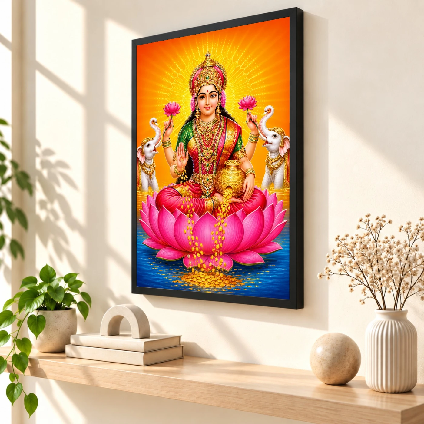 Saffron Sunburst Varalakshmi Photo Frame – Gaja Lakshmi Art, view 2