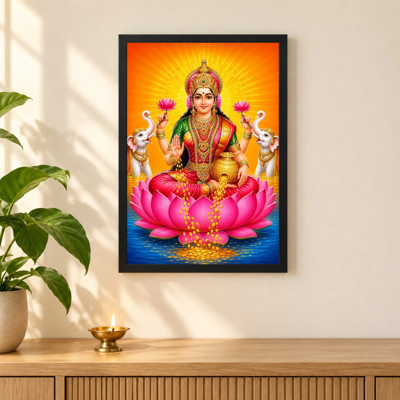 Saffron Sunburst Varalakshmi Photo Frame – Gaja Lakshmi Art, view 3