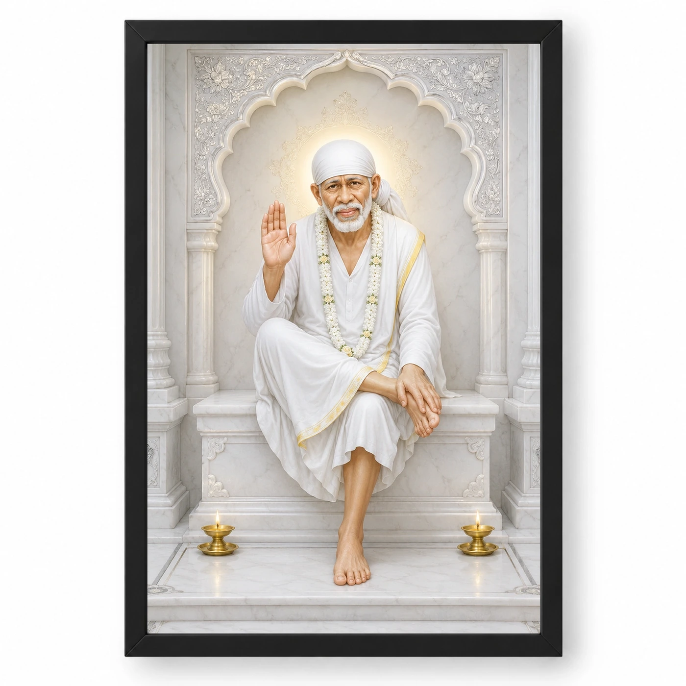 Sai Baba — White Marble Temple Serenity Frame