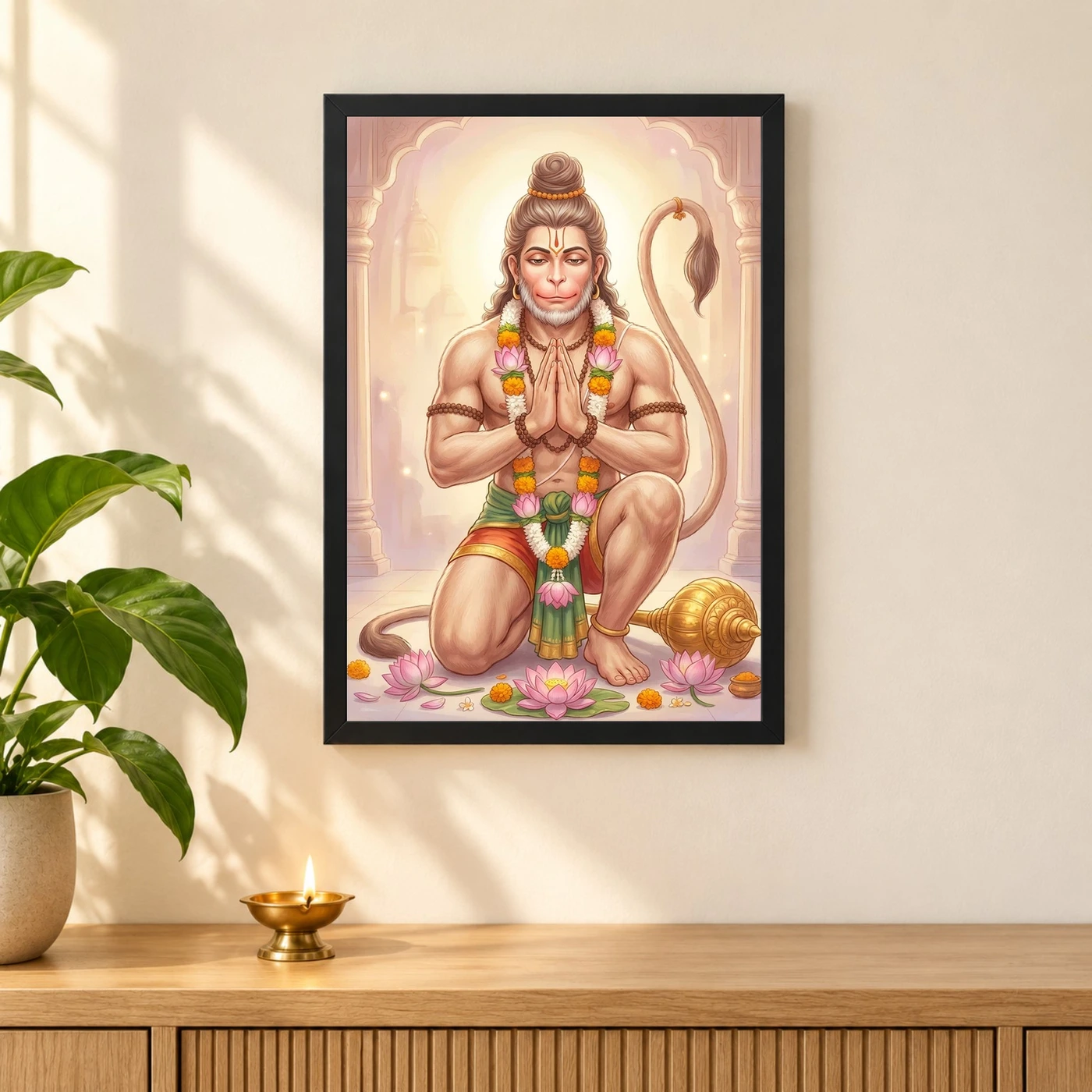 Sankat Mochan Hanuman Serene Lotus Peaceful Devotional Art Photo Frame, view 3