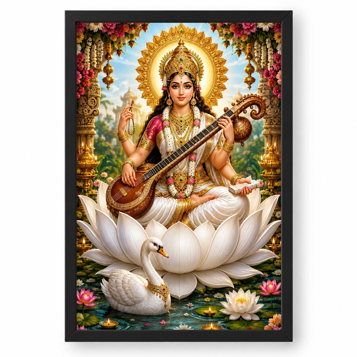 Saraswati Maa Grand Festival Flower Decoration Photo Frame