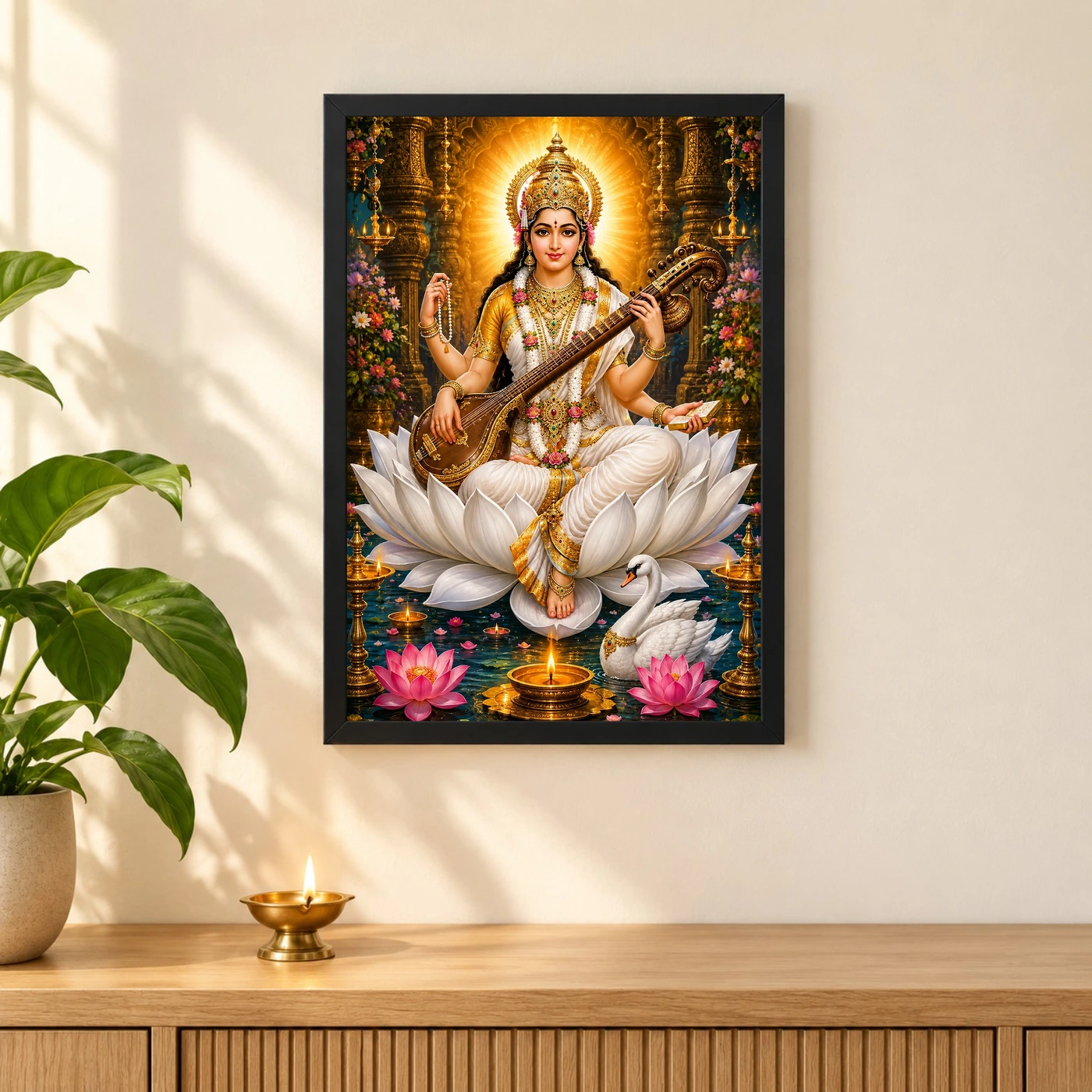 Saraswati Maa Lotus And Diya Radiance Photo Frame, view 3