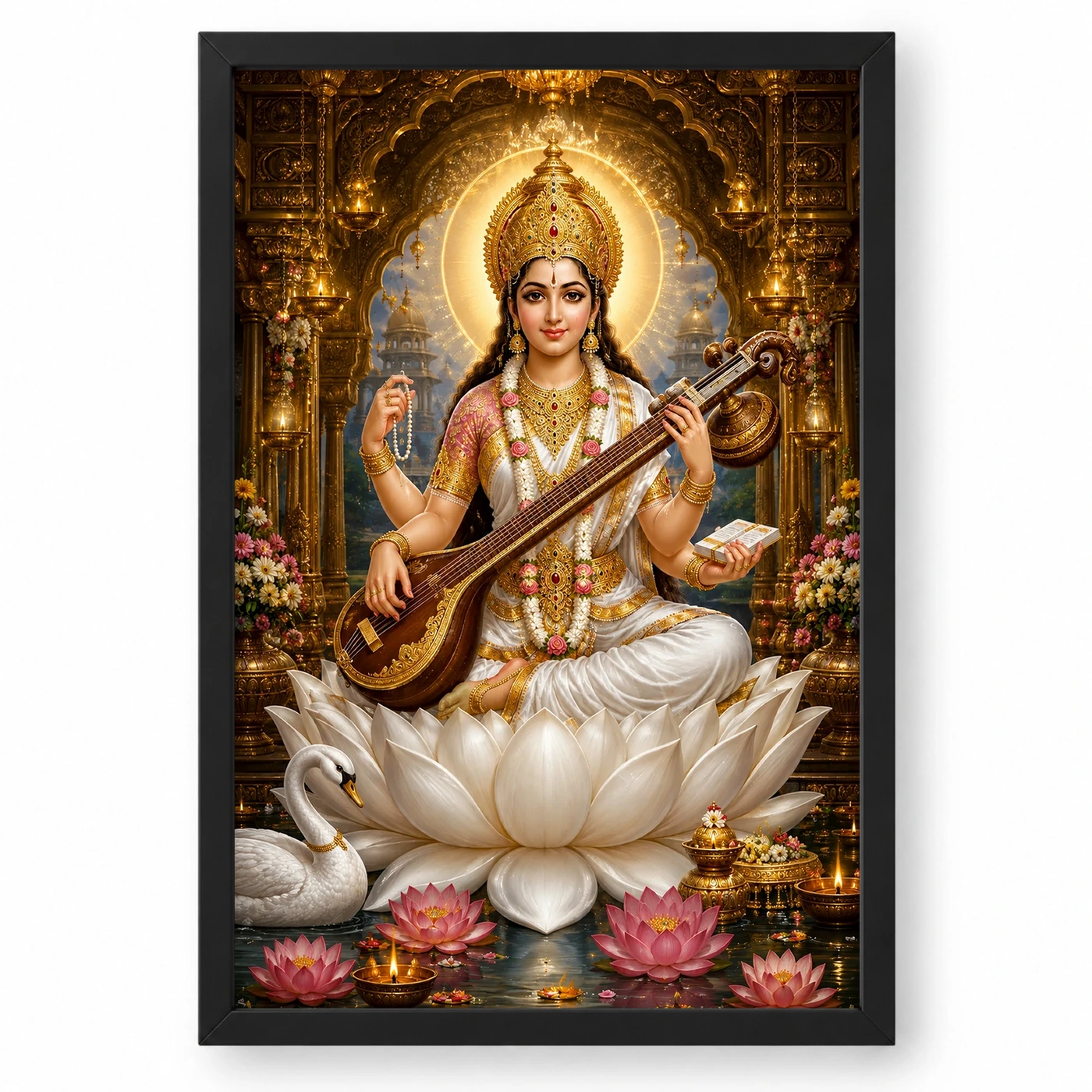Saraswati Maa Ornate Golden Temple Darshan Photo Frame