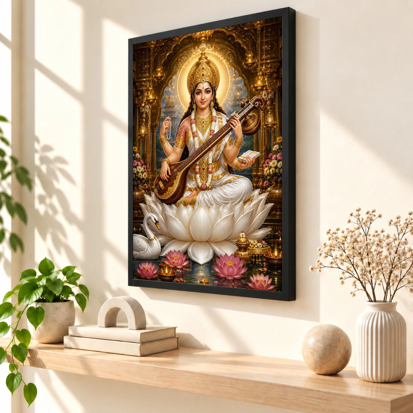Saraswati Maa Ornate Golden Temple Darshan Photo Frame, view 2