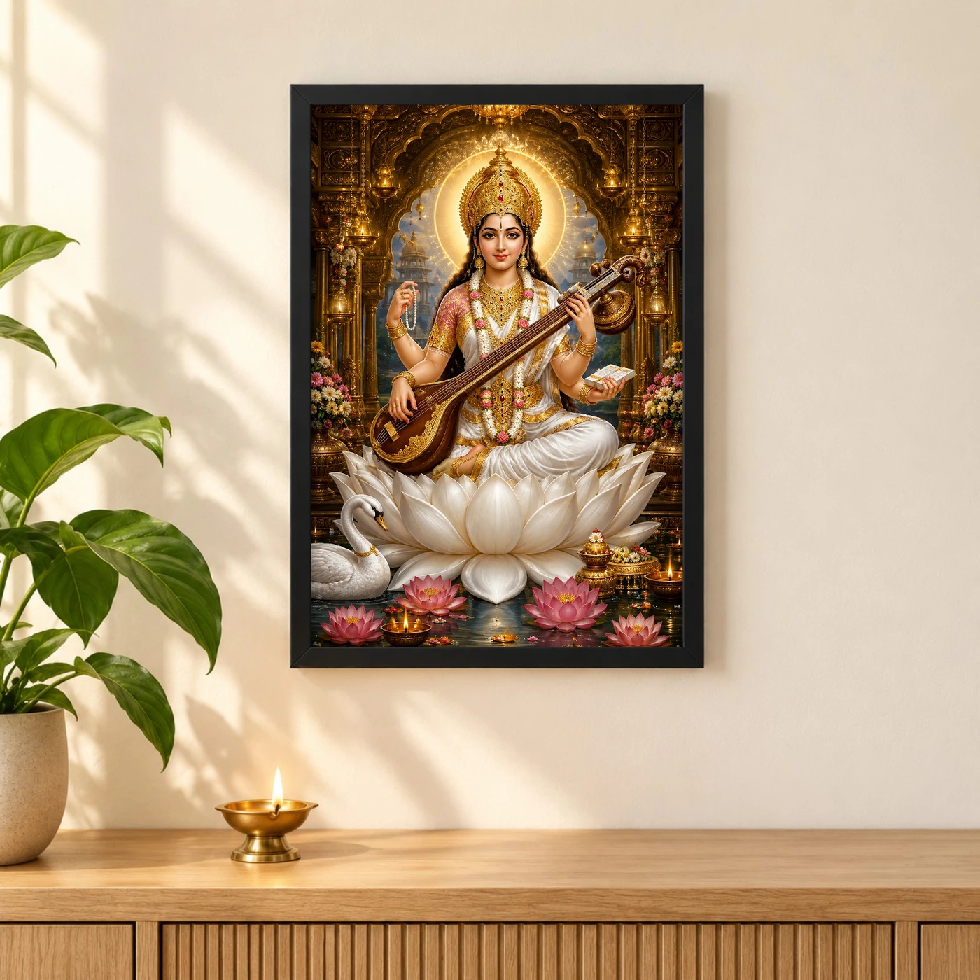 Saraswati Maa Ornate Golden Temple Darshan Photo Frame, view 3