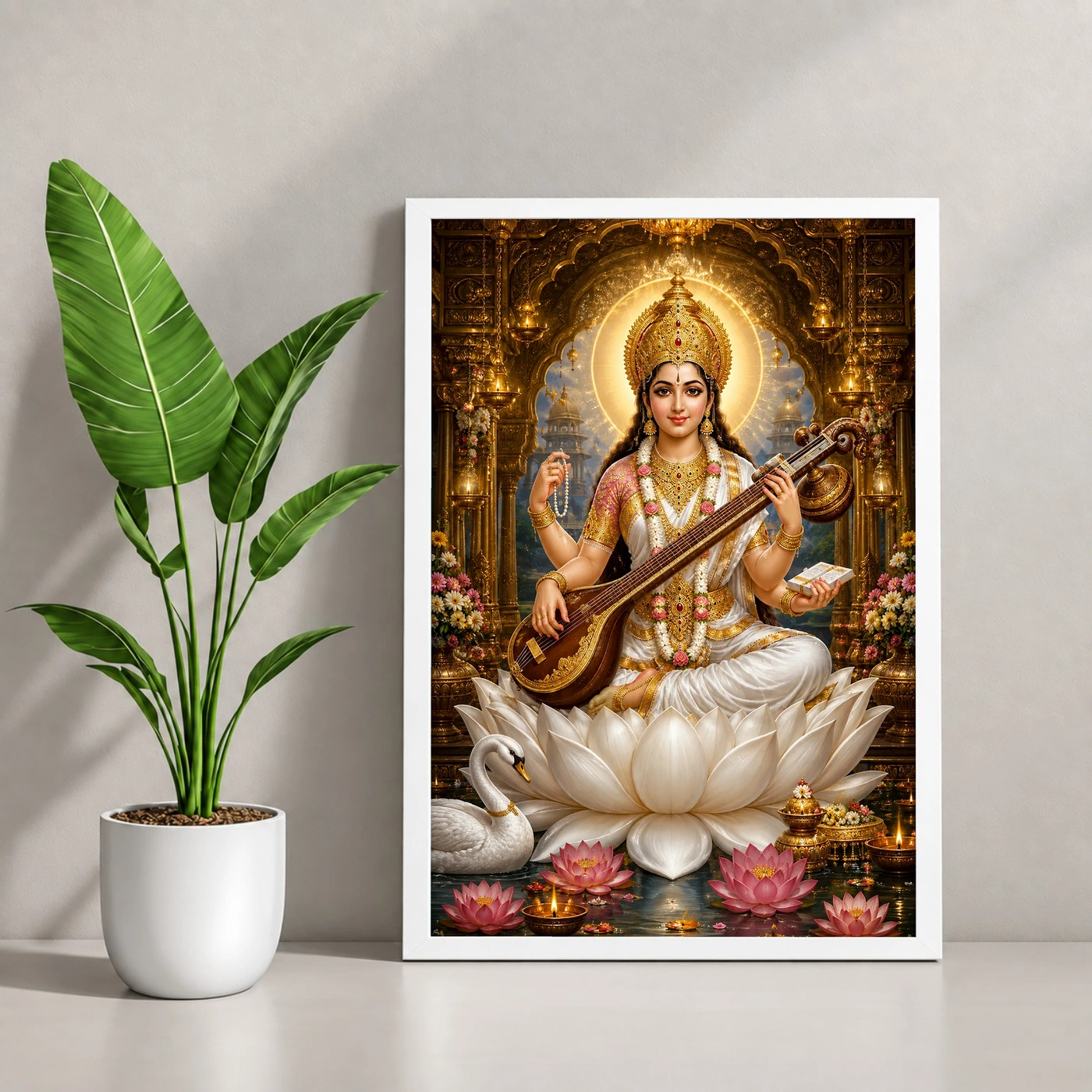 Saraswati Maa Ornate Golden Temple Darshan Photo Frame, view 4
