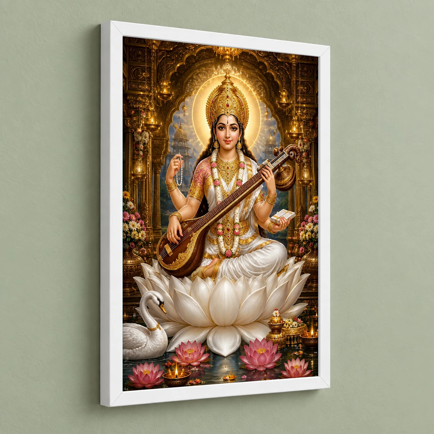 Saraswati Maa Ornate Golden Temple Darshan Photo Frame, view 5