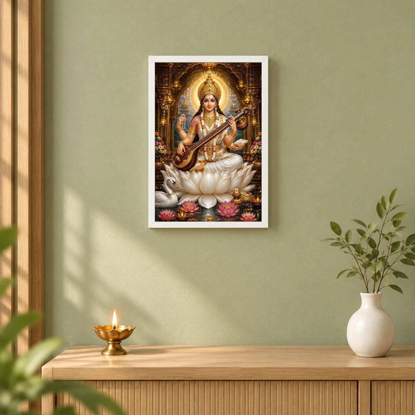 Saraswati Maa Ornate Golden Temple Darshan Photo Frame, view 6