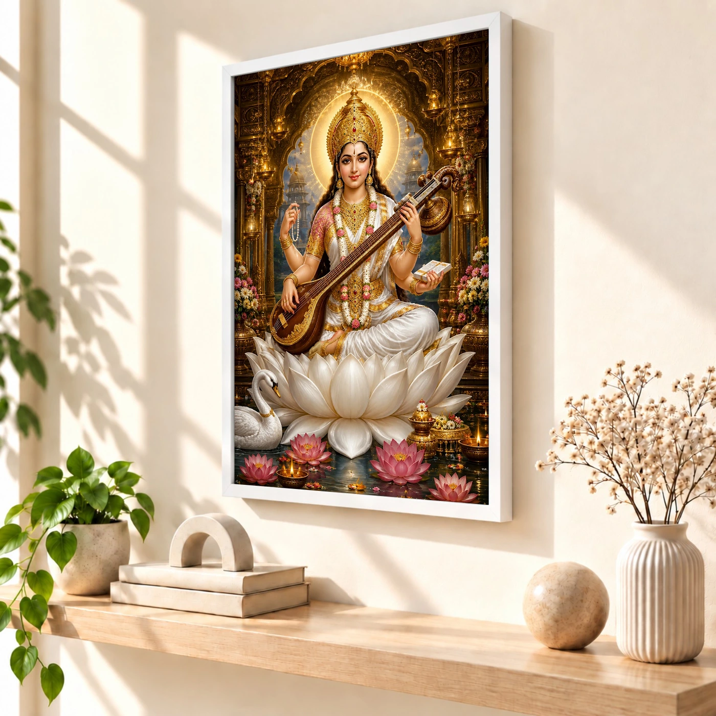Saraswati Maa Ornate Golden Temple Darshan Photo Frame, view 7