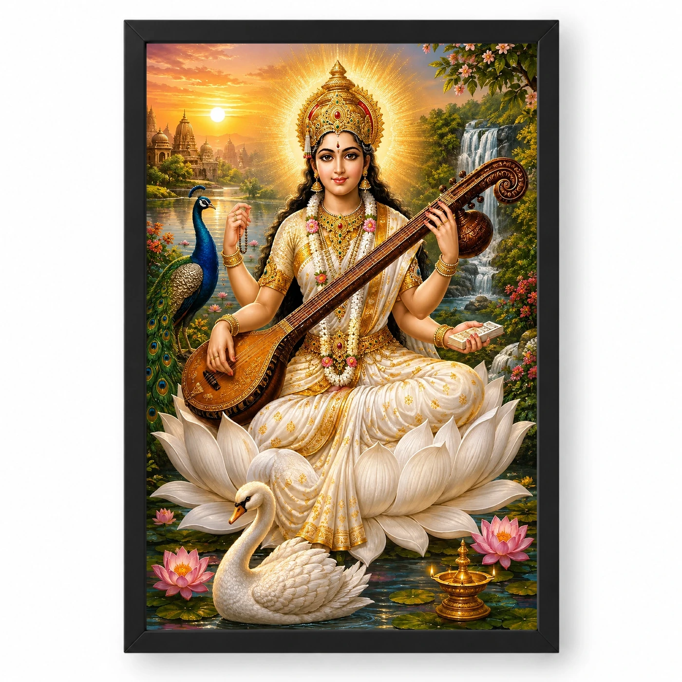 Saraswati Maa Serene Sunrise Blessing Photo Frame