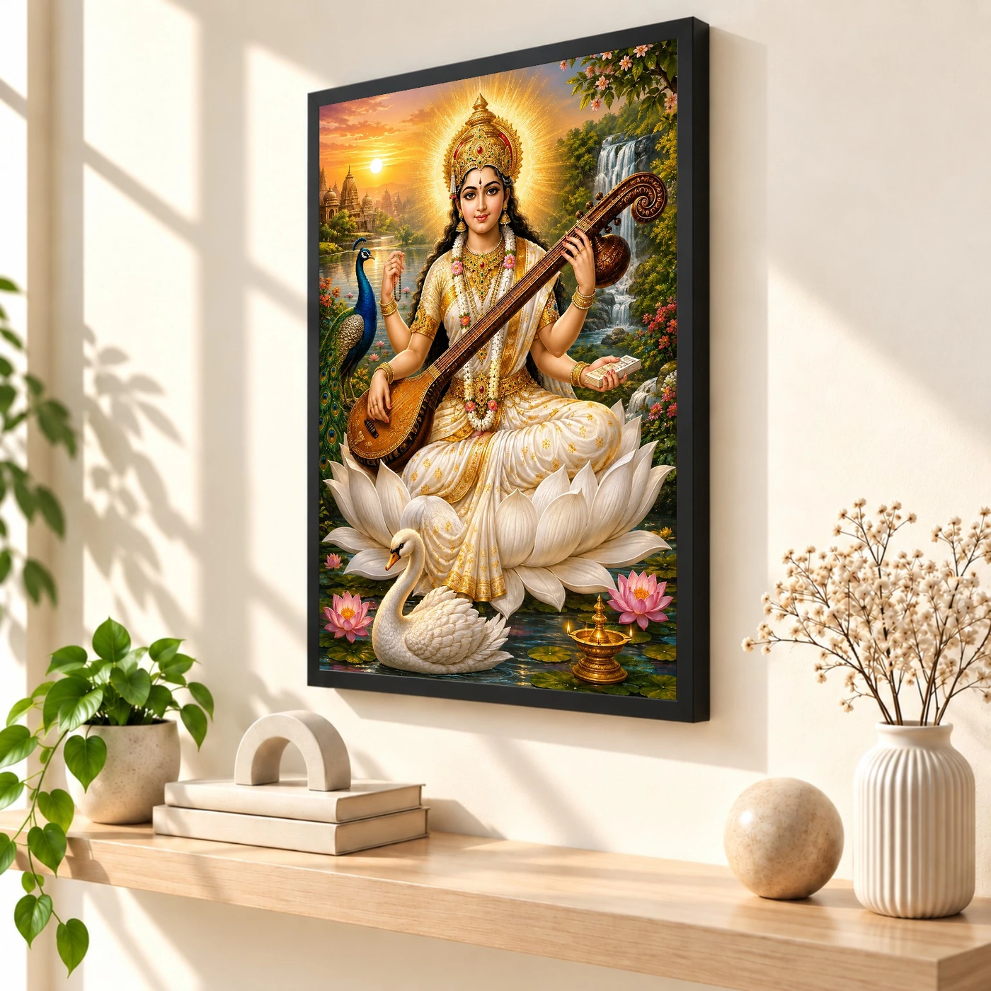 Saraswati Maa Serene Sunrise Blessing Photo Frame, view 2