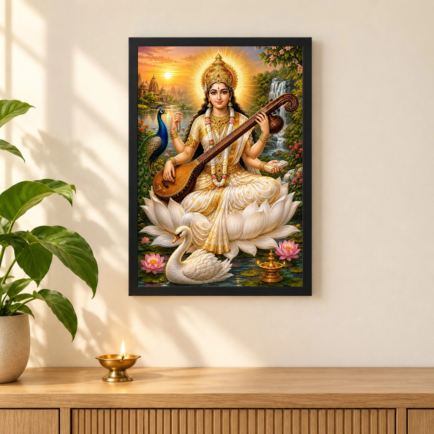 Saraswati Maa Serene Sunrise Blessing Photo Frame, view 3
