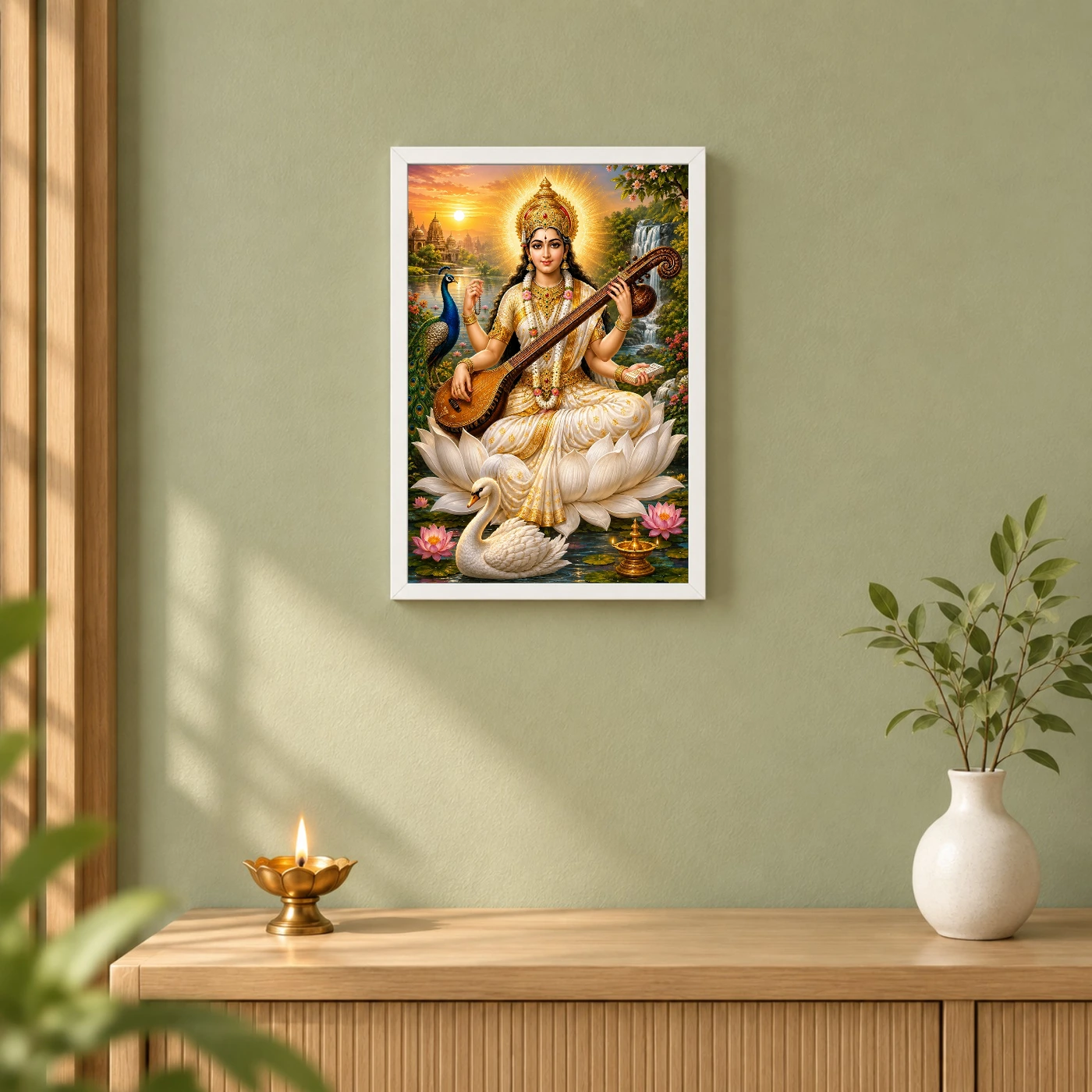 Saraswati Maa Serene Sunrise Blessing Photo Frame, view 6