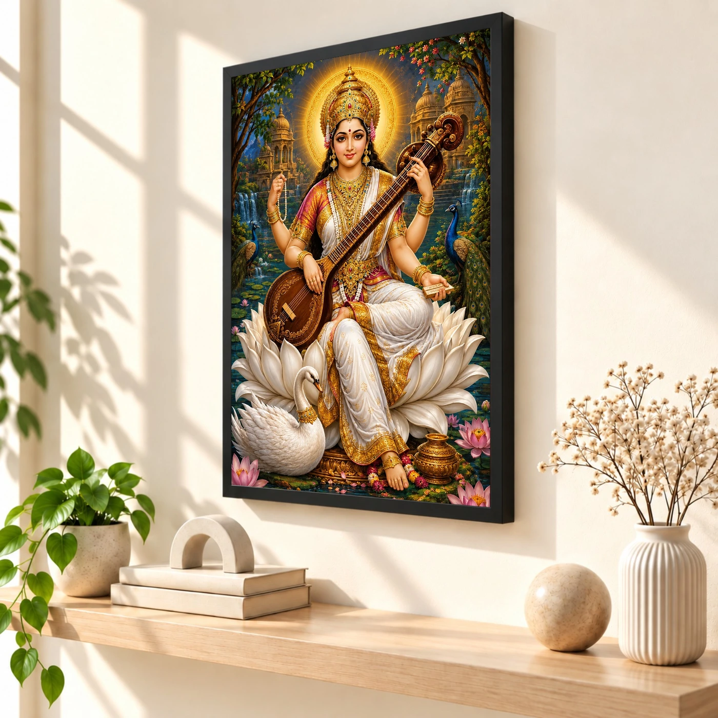 Saraswati Maa Traditional Indian Miniature-Inspired Devotional Art Photo Frame, view 2