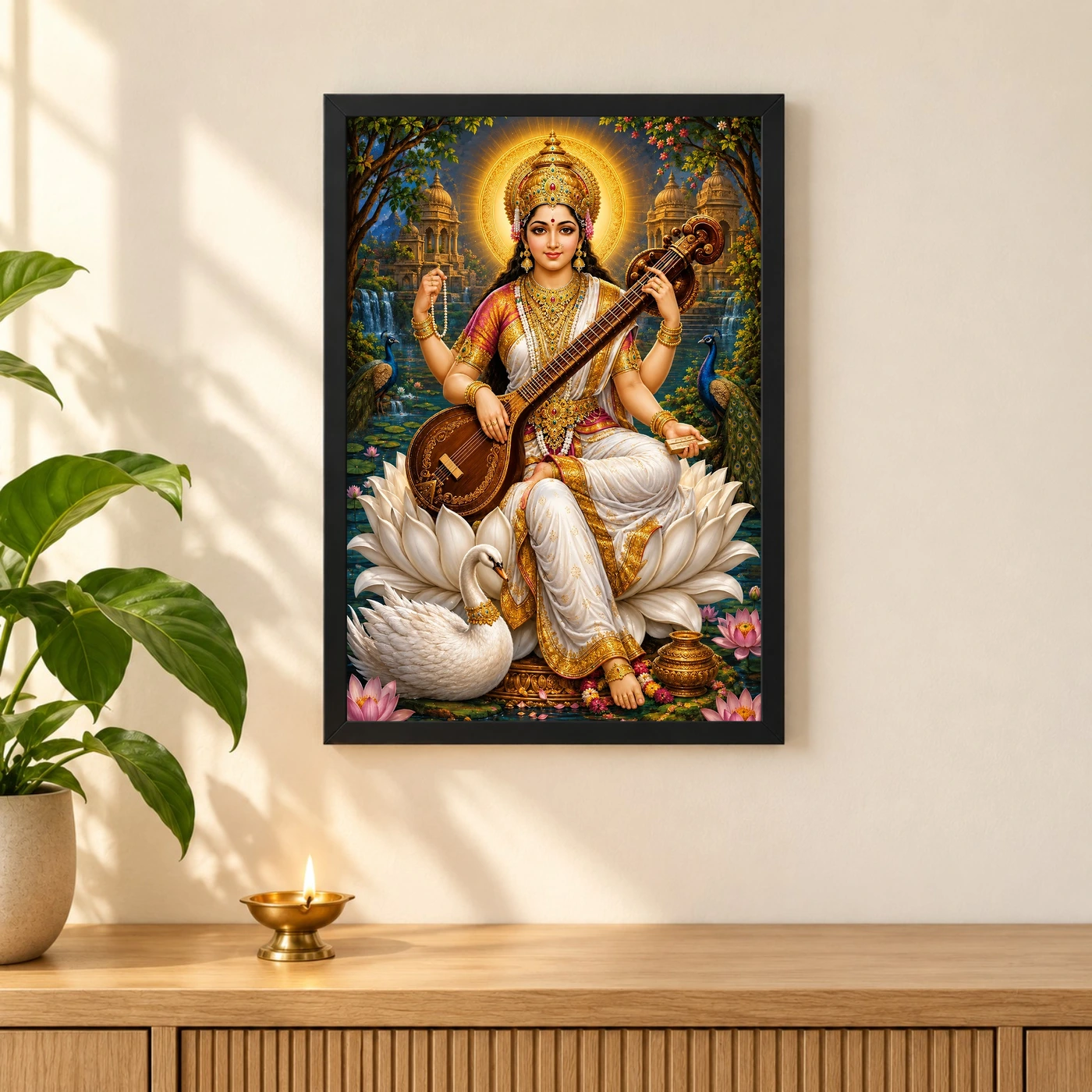 Saraswati Maa Traditional Indian Miniature-Inspired Devotional Art Photo Frame, view 3