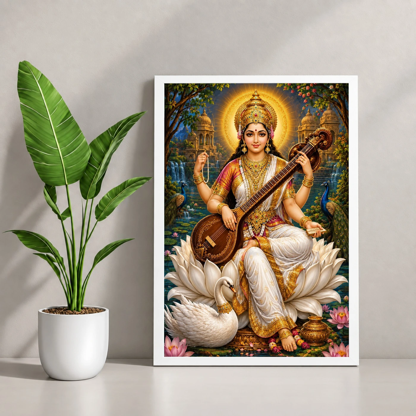 Saraswati Maa Traditional Indian Miniature-Inspired Devotional Art Photo Frame, view 4