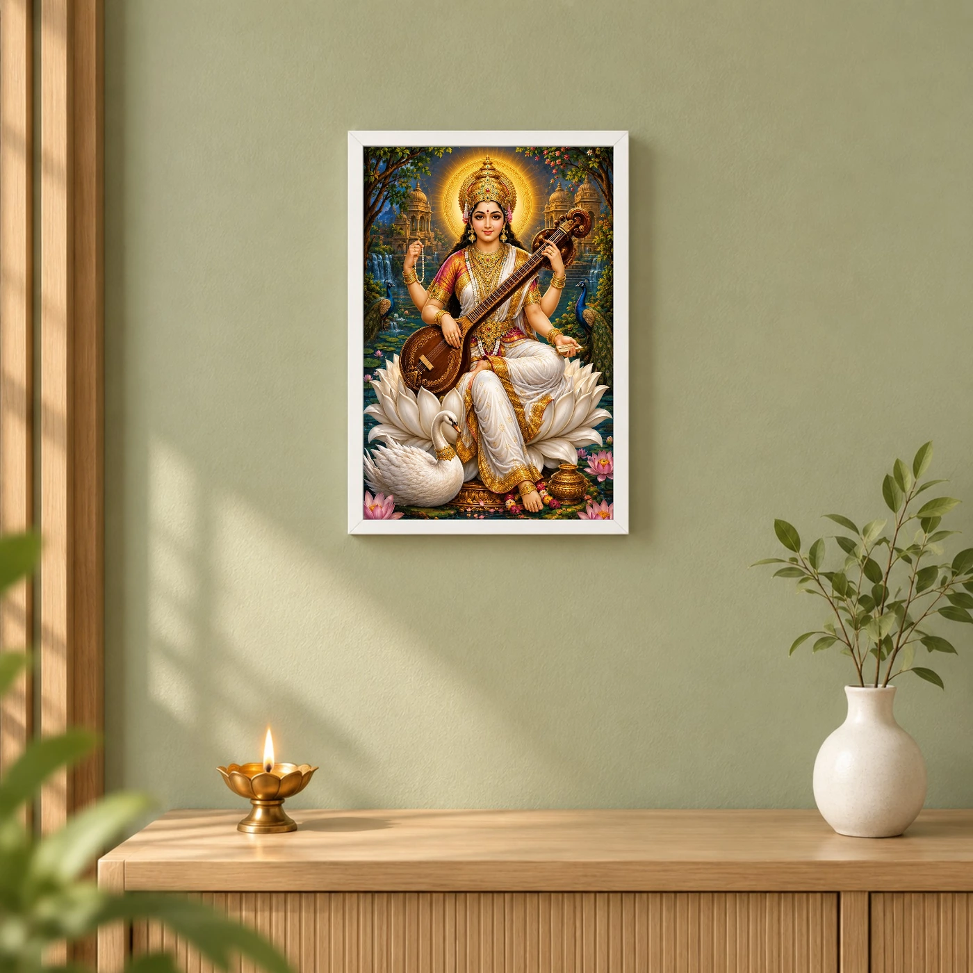 Saraswati Maa Traditional Indian Miniature-Inspired Devotional Art Photo Frame, view 6