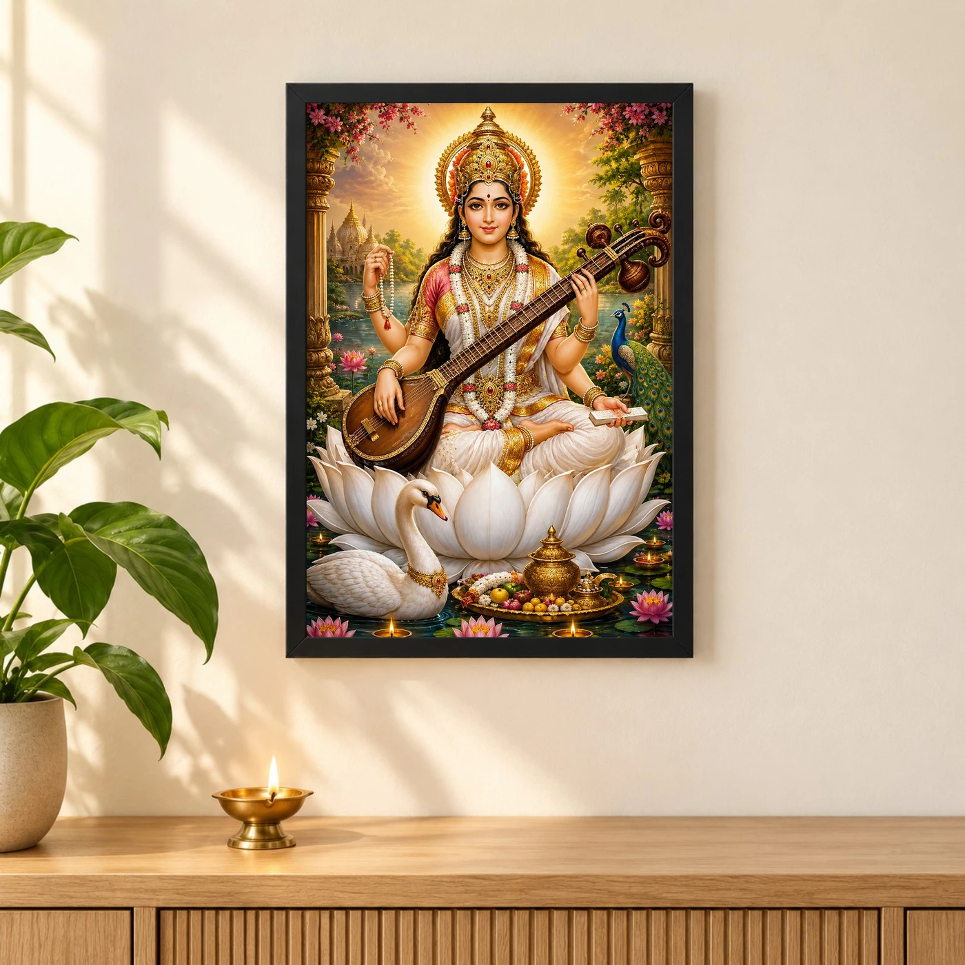 Saraswati Maa Vivid Premium Spiritual Poster Art Photo Frame, view 3