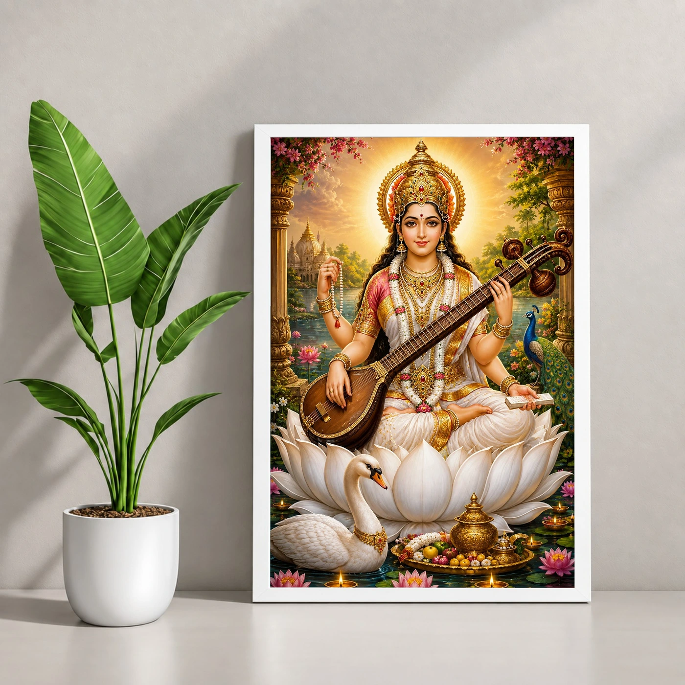 Saraswati Maa Vivid Premium Spiritual Poster Art Photo Frame, view 4