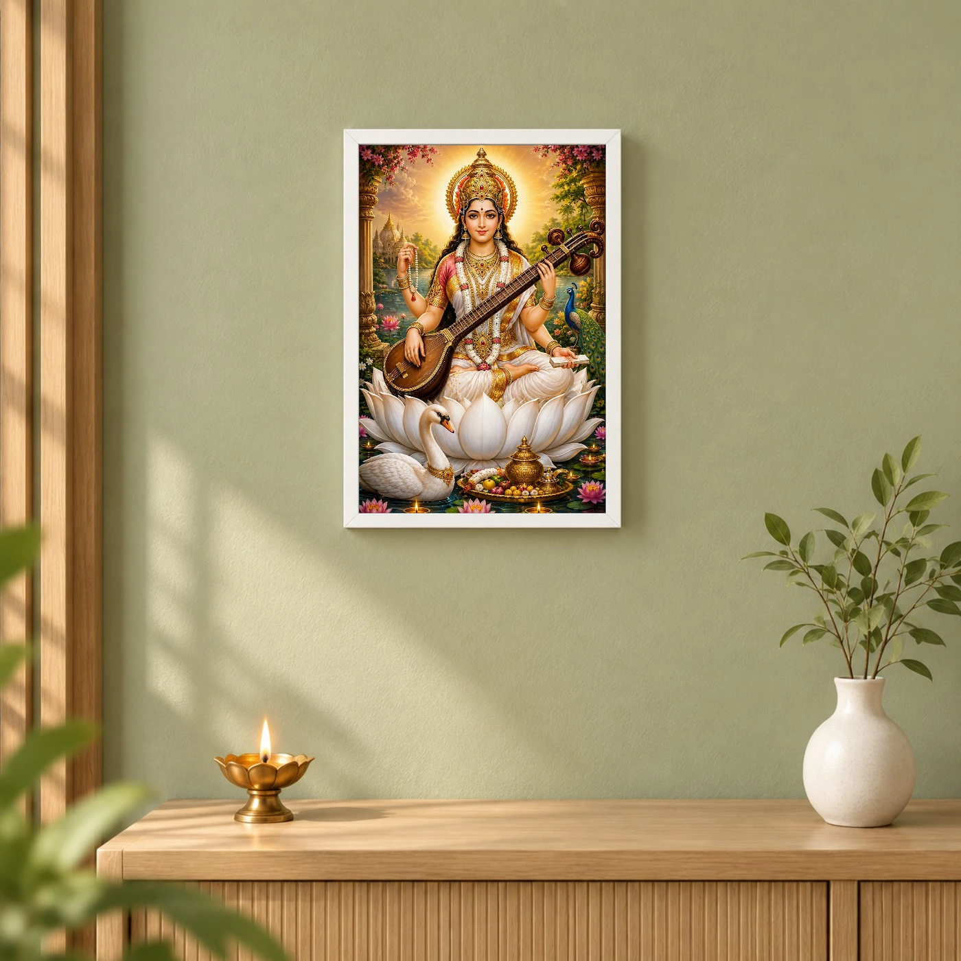 Saraswati Maa Vivid Premium Spiritual Poster Art Photo Frame, view 6