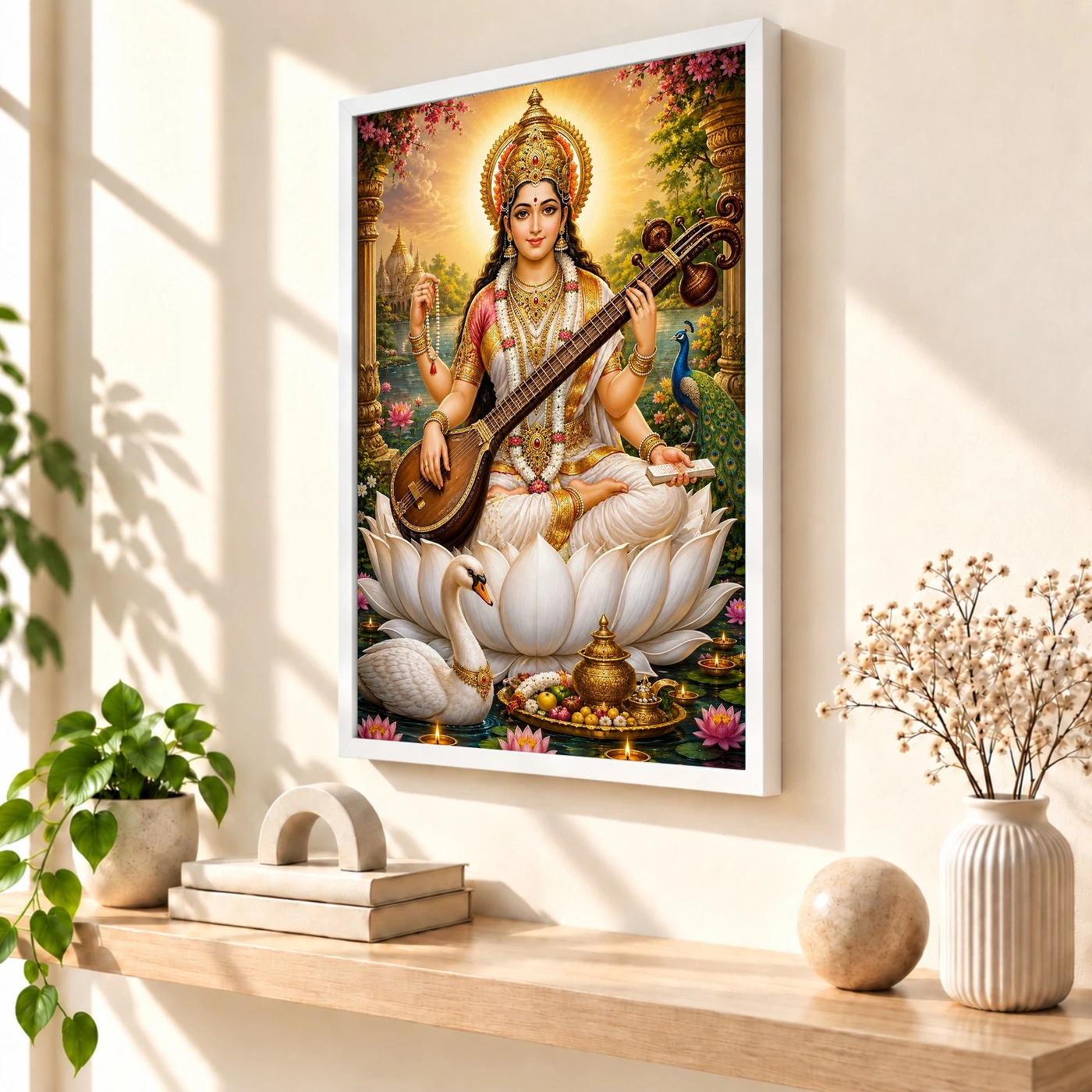 Saraswati Maa Vivid Premium Spiritual Poster Art Photo Frame, view 7