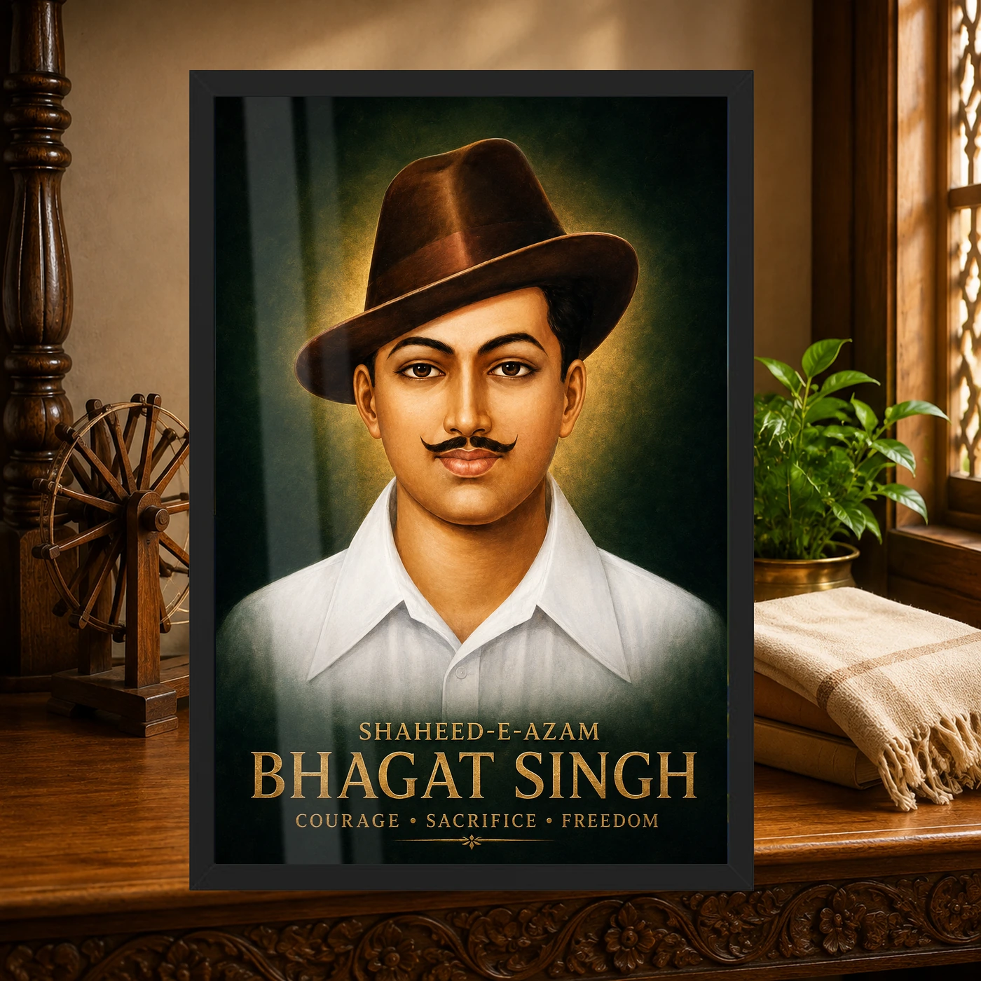 Shaheed-e-Azam Bhagat Singh Emerald Gold Portrait Photo Frame, view 4