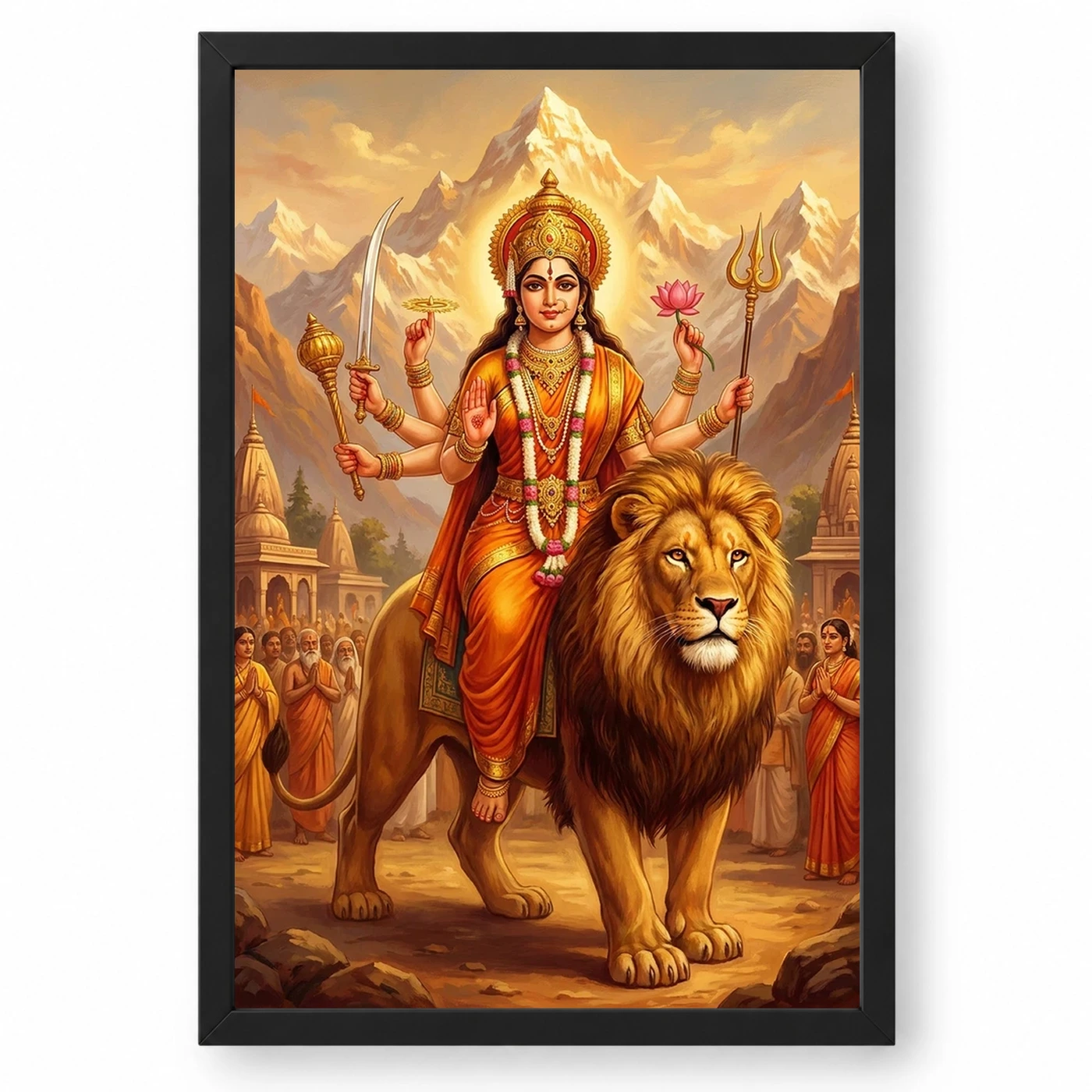 Sherawali Mata Durga Lion Mountain Saffron Gold Art Photo Frame