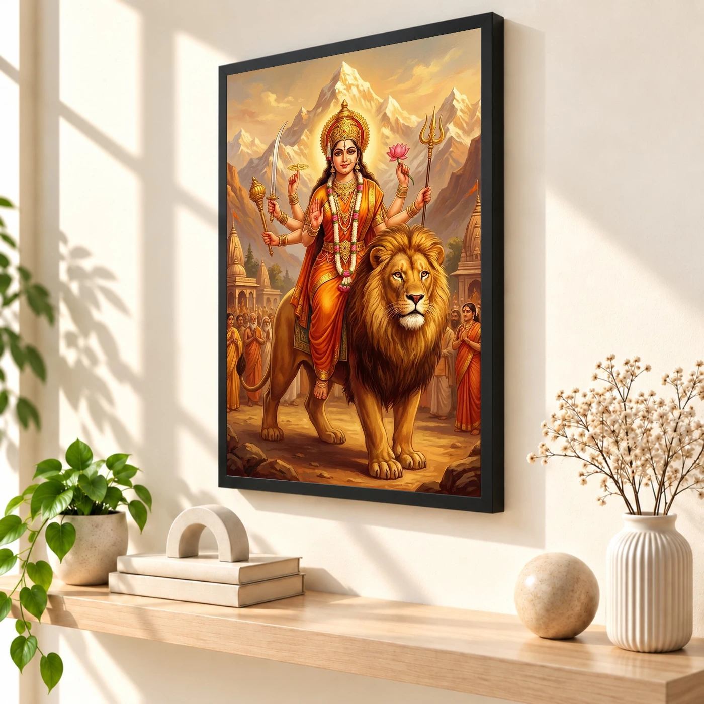 Sherawali Mata Durga Lion Mountain Saffron Gold Art Photo Frame, view 2