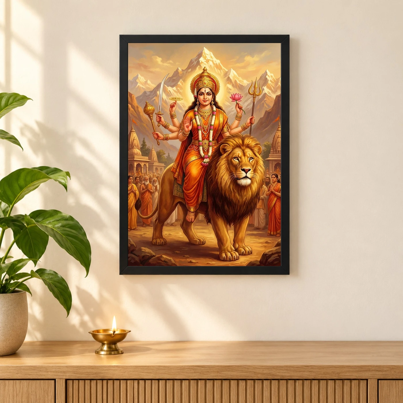 Sherawali Mata Durga Lion Mountain Saffron Gold Art Photo Frame, view 3
