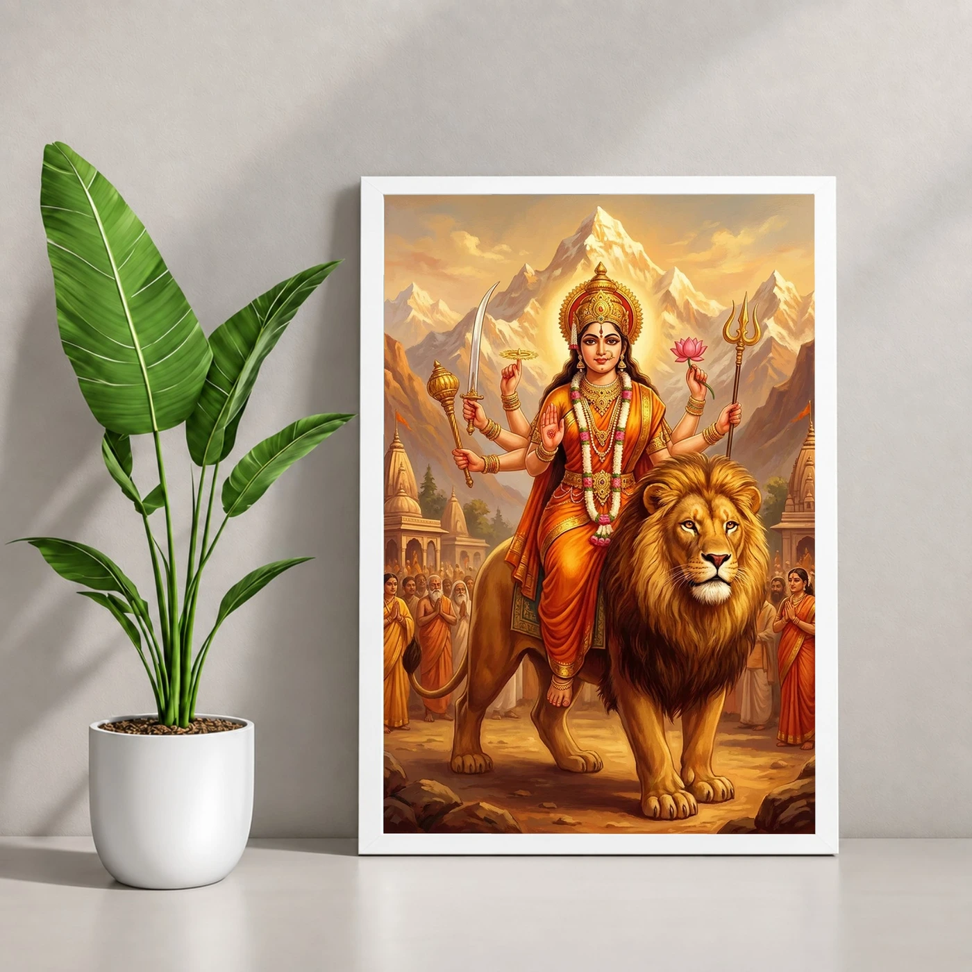 Sherawali Mata Durga Lion Mountain Saffron Gold Art Photo Frame, view 4