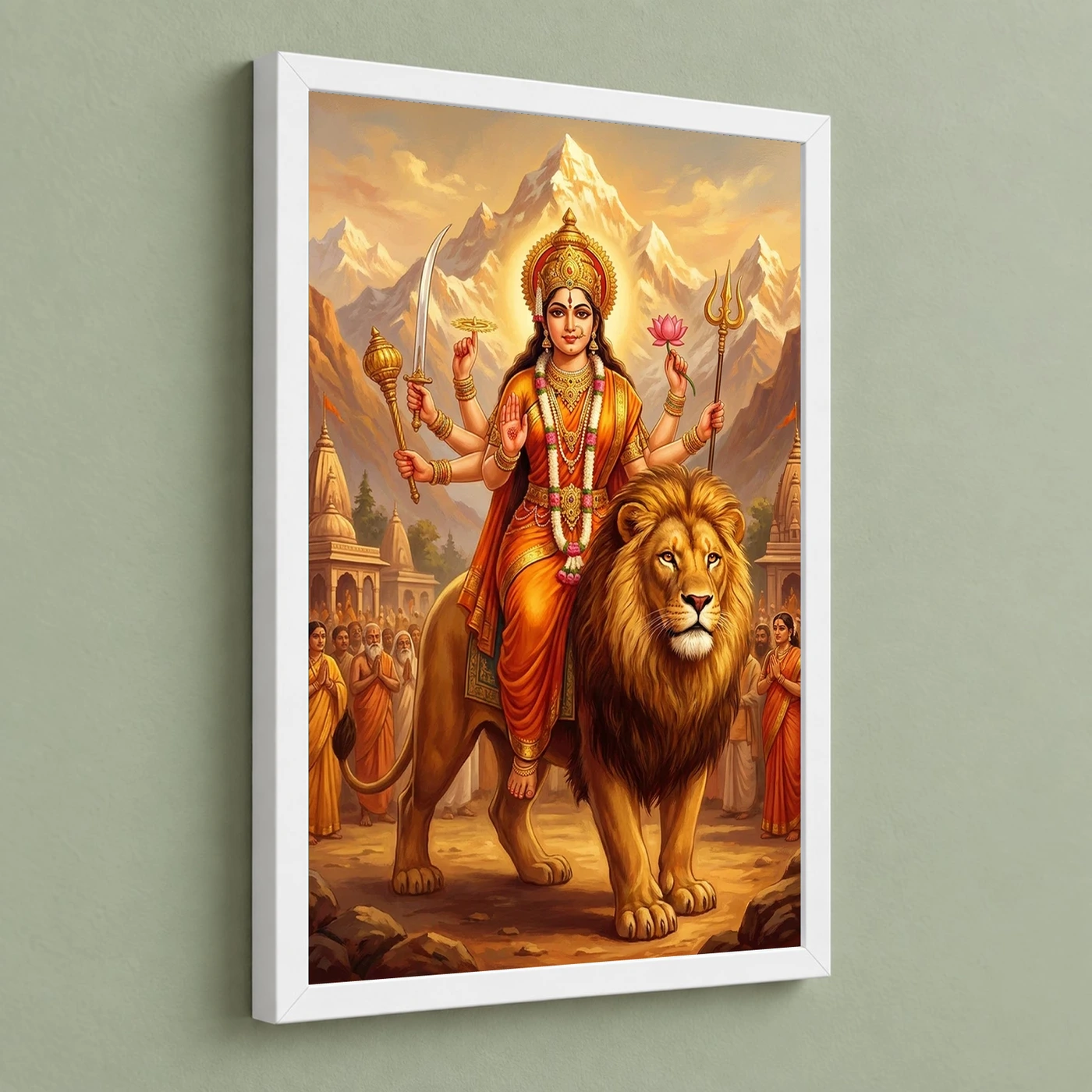 Sherawali Mata Durga Lion Mountain Saffron Gold Art Photo Frame, view 5