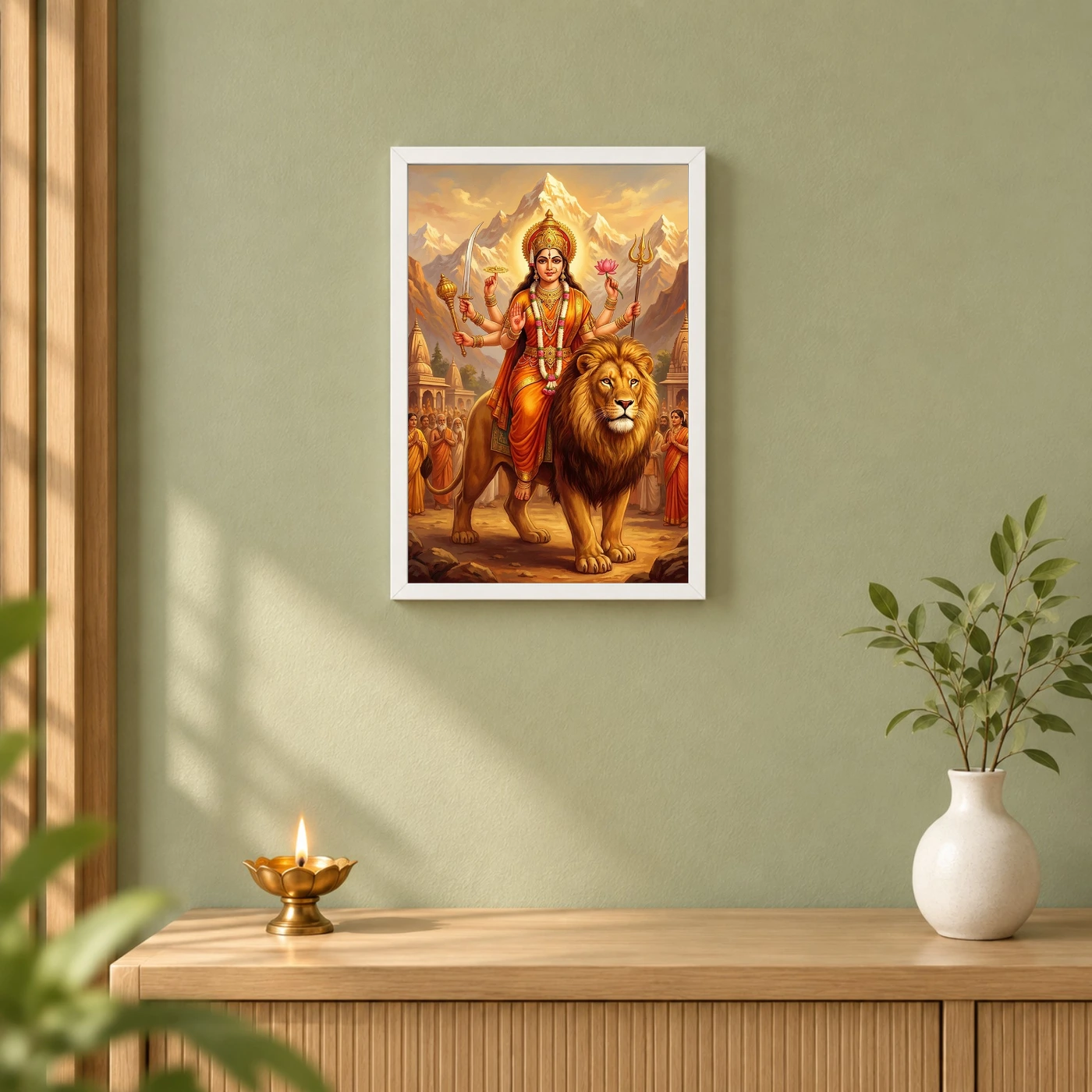 Sherawali Mata Durga Lion Mountain Saffron Gold Art Photo Frame, view 6