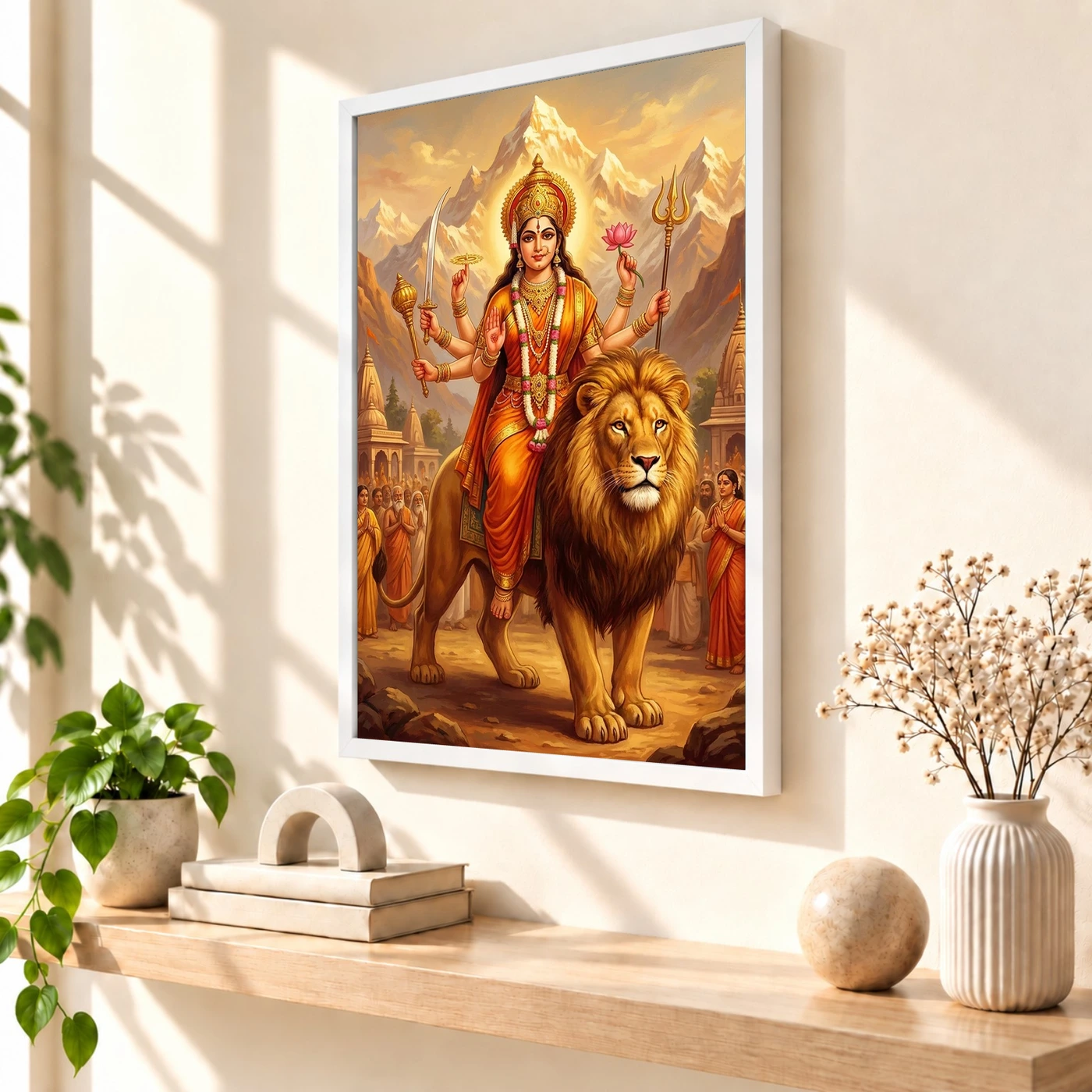 Sherawali Mata Durga Lion Mountain Saffron Gold Art Photo Frame, view 7