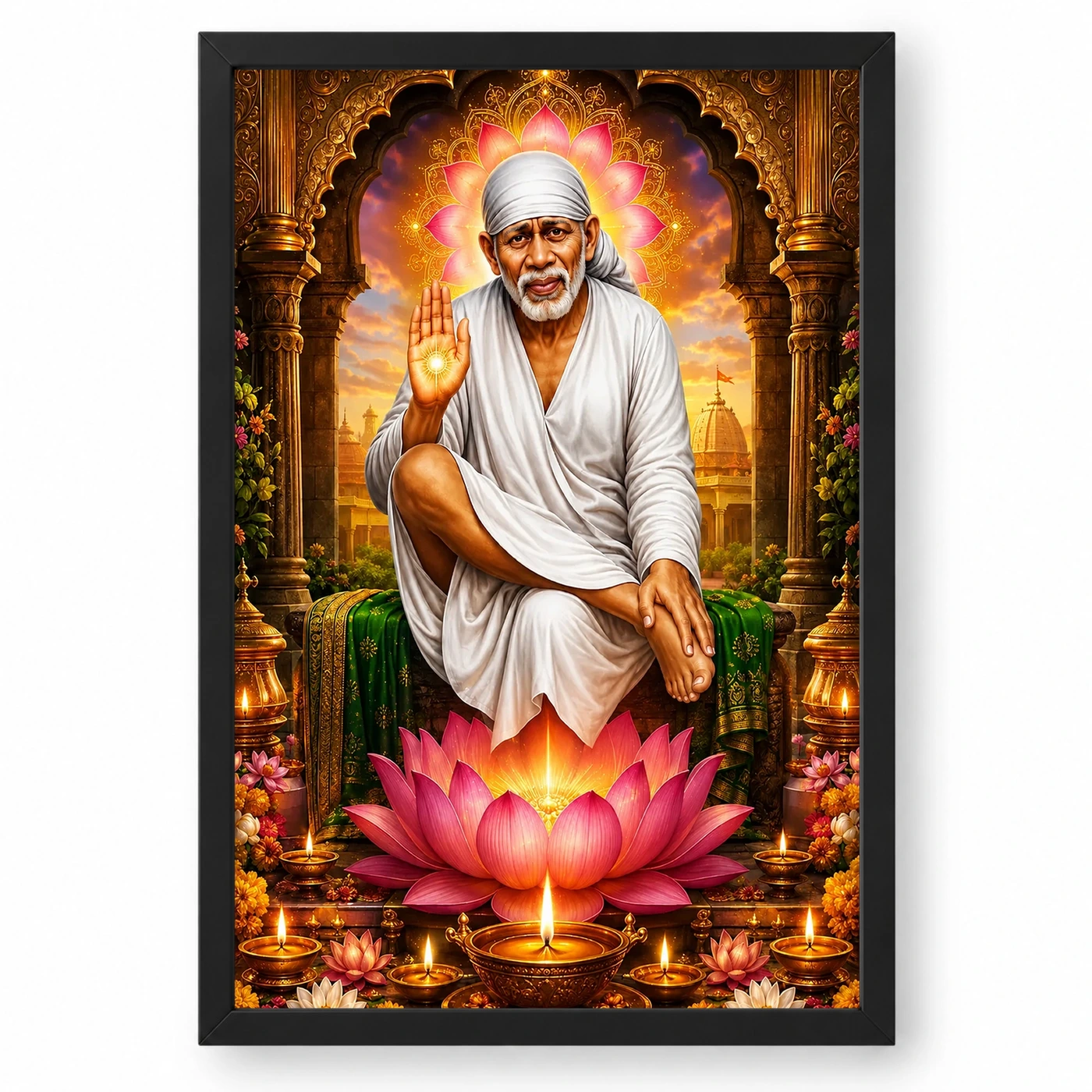 Shirdi Sai Baba Lotus And Diya Radiance Photo Frame