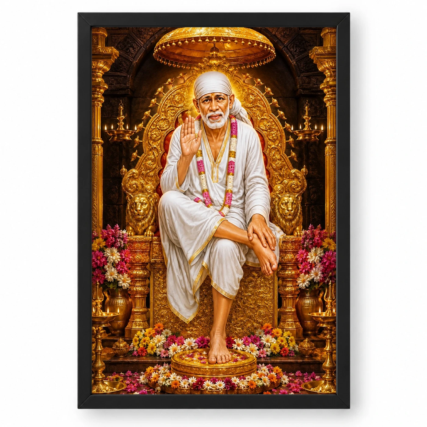 Shirdi Sai Baba Ornate Golden Temple Darshan Photo Frame