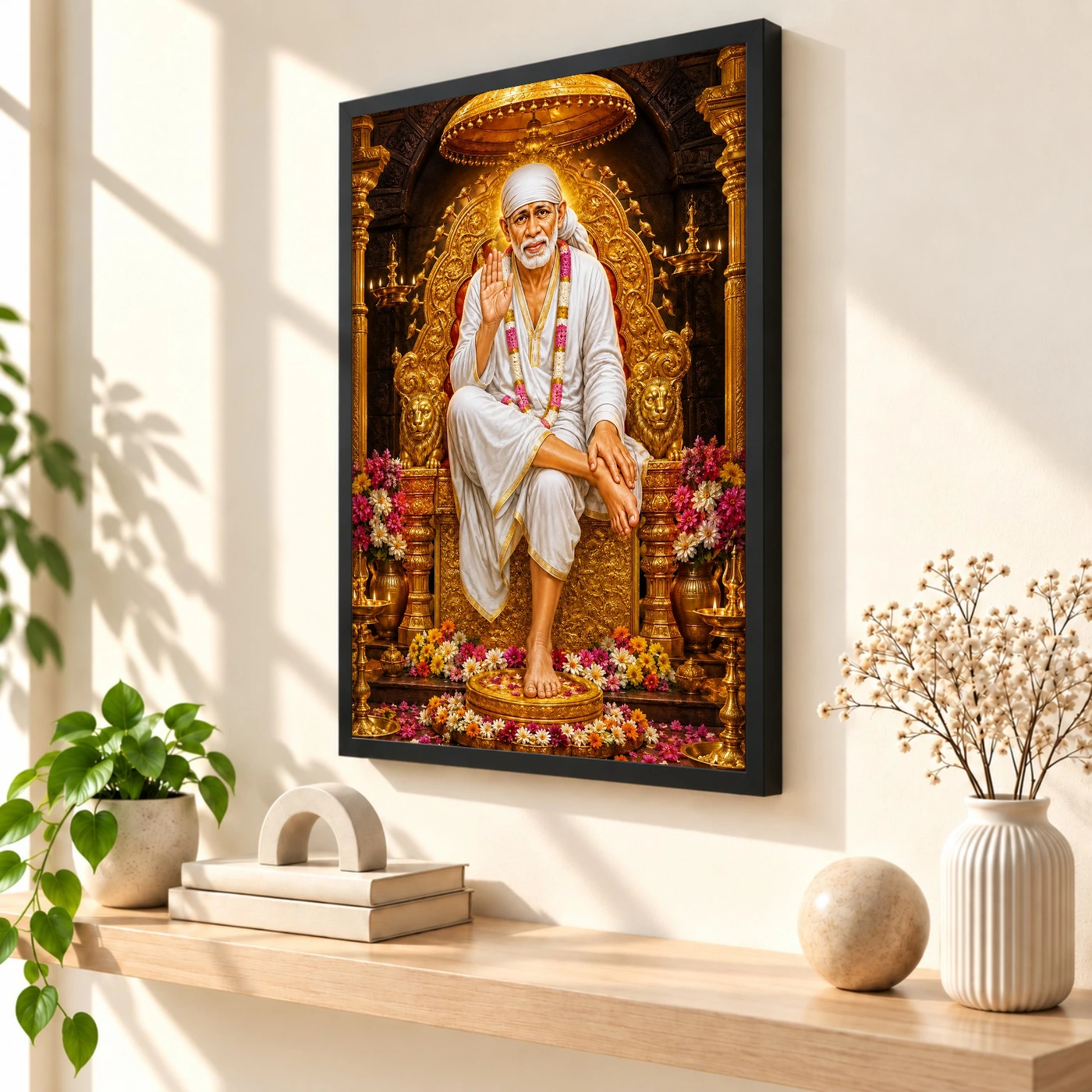 Shirdi Sai Baba Ornate Golden Temple Darshan Photo Frame, view 2