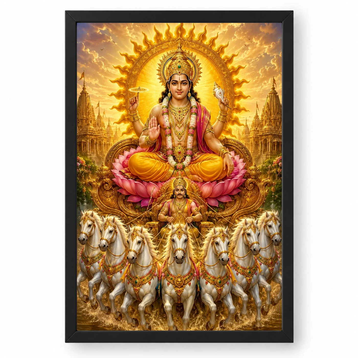 Surya Dev Ornate Golden Temple Darshan Photo Frame
